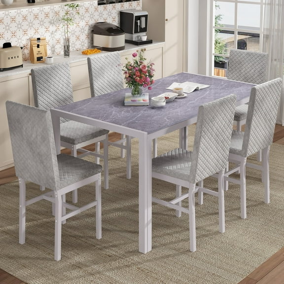 Baxluxe Tempered Glass Dining Table Set for 6, Faux Marble Kitchen Table with 6 Velvet Chairs, 7-Pieces Modern Dining Room Sets for Small Space, Dinette, Apartment, Gray