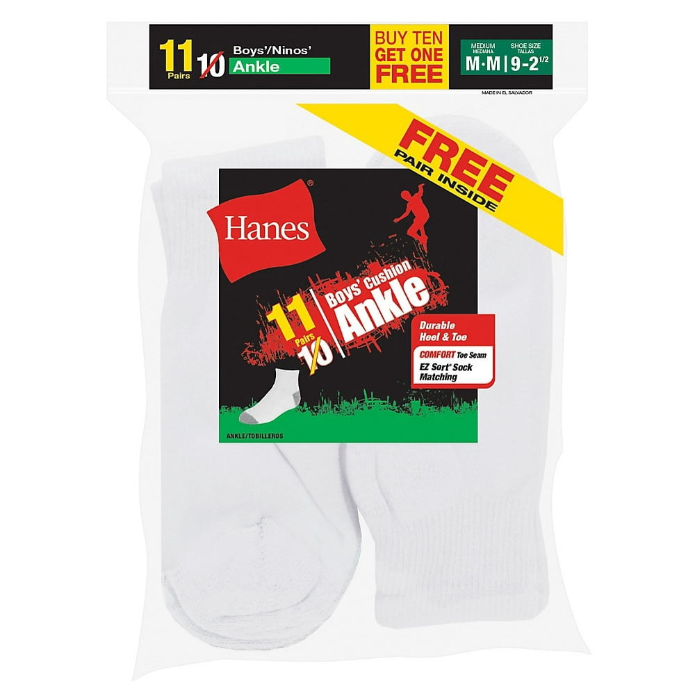 Hanes Hanes Boys' Ankle Sock, 10 Pack Plus 1 Bonus (Little Boys & Big