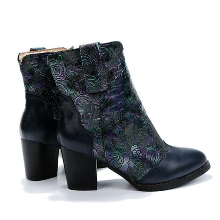 

Tuscom boots for women Retro Women Vintage Suqare Low Heels Zipper Fall Winter Plus Velvet Carved Splicing Print Short Boots Round Toe Shoes cowboy boots for women cowboy boots for women