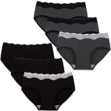 INNERSY Womens Lace Underwear Cotton Hipster Panties Soft Lace Underwear Pack of 6 (S  Black&Gray)