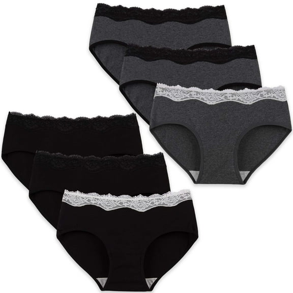 INNERSY Womens Lace Underwear Cotton Hipster Panties Soft Lace Underwear Pack of 6 (M, Black&Gray)