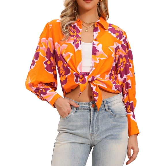 DARING DIVA Women's Boho Floral Blouse Shirt Lantern Long Sleeve Button Down XS Orange