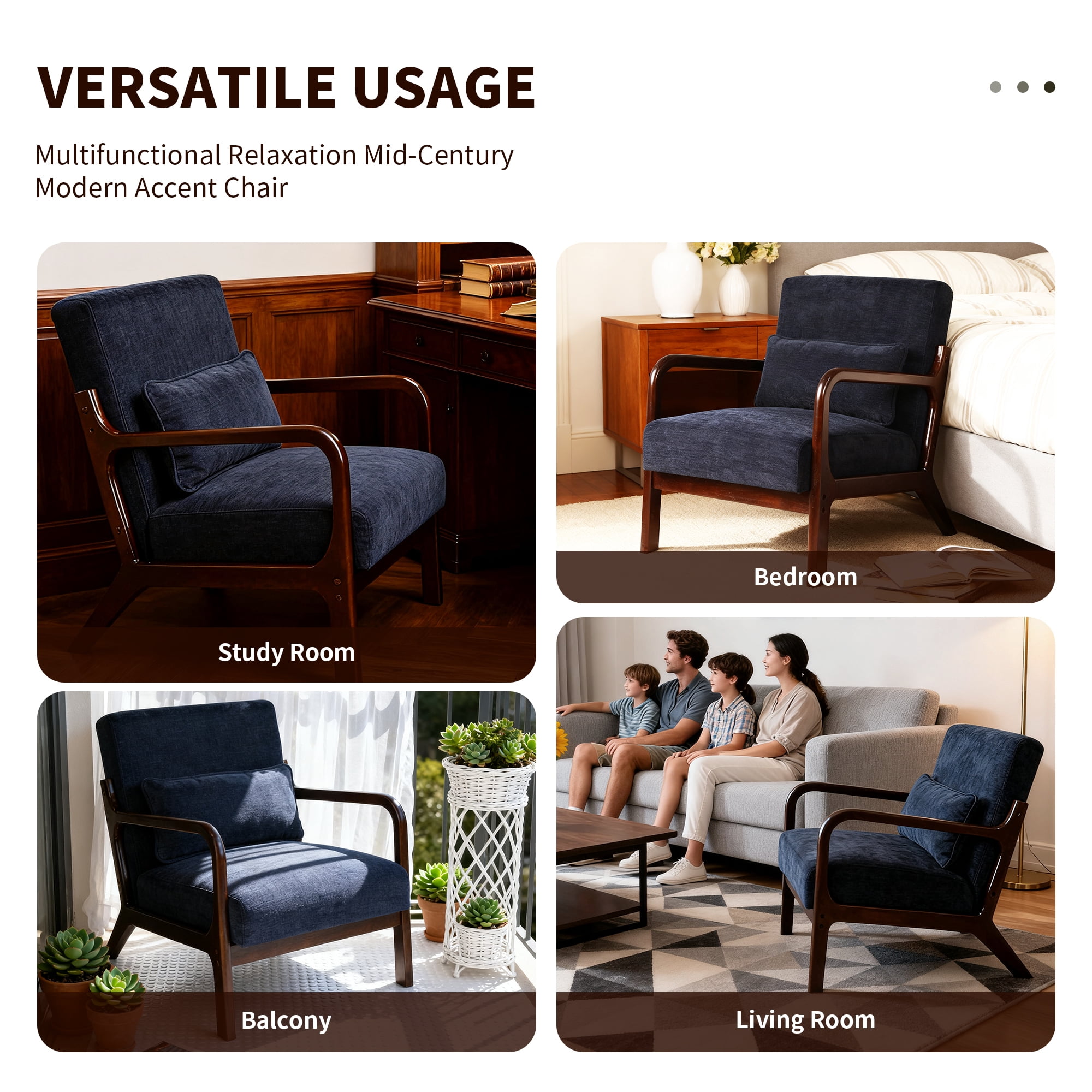 Leumius Accent Chair, Mid Century Modern Armchair with Solid Wood Frame and Detachable Lumbar Pillow for Living Room, Bedroom, Office Blue