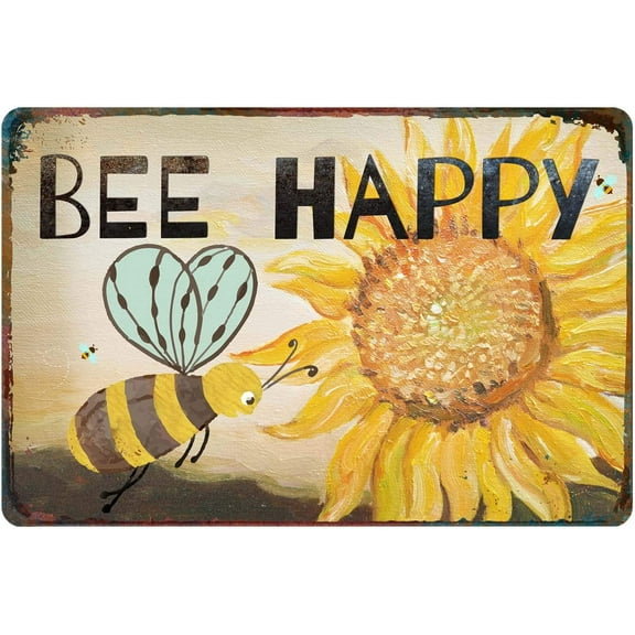 Retro Metal Tin Sign Vintage Sunflower Bee Happy (12x8 Inch) - Sun Flower Country Farm Kitchen Wall Home Decor Art Tin Signs