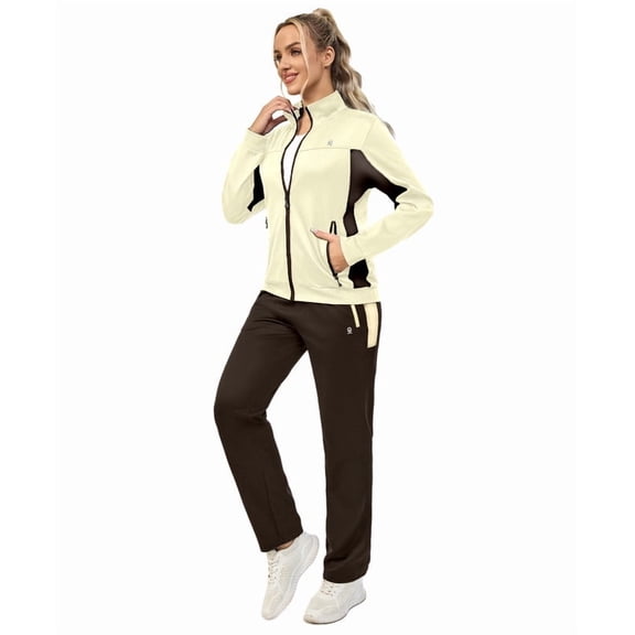 Women's 2Pc Full Zip Tracksuit, 4 Way Stretch Breathable with Reflective & Zipper Pockets for Gym Running Beige XS
