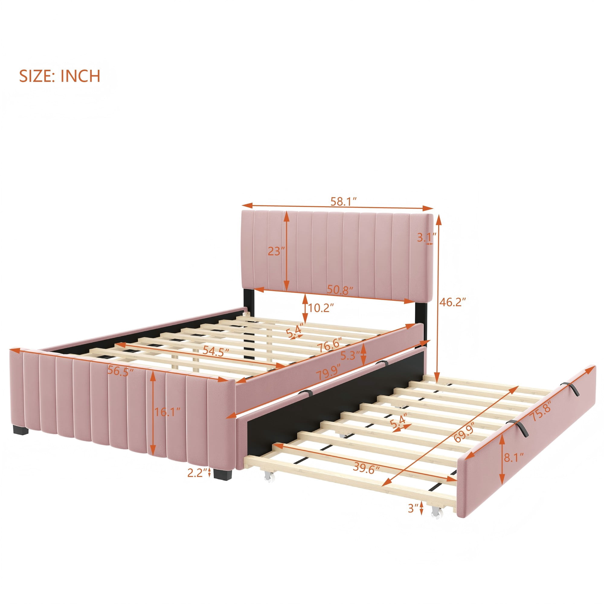 Aukfa Full Size Upholstered Platform Bed Frame with Twin Size Trundle for Bedroom,Guestroom, Pink