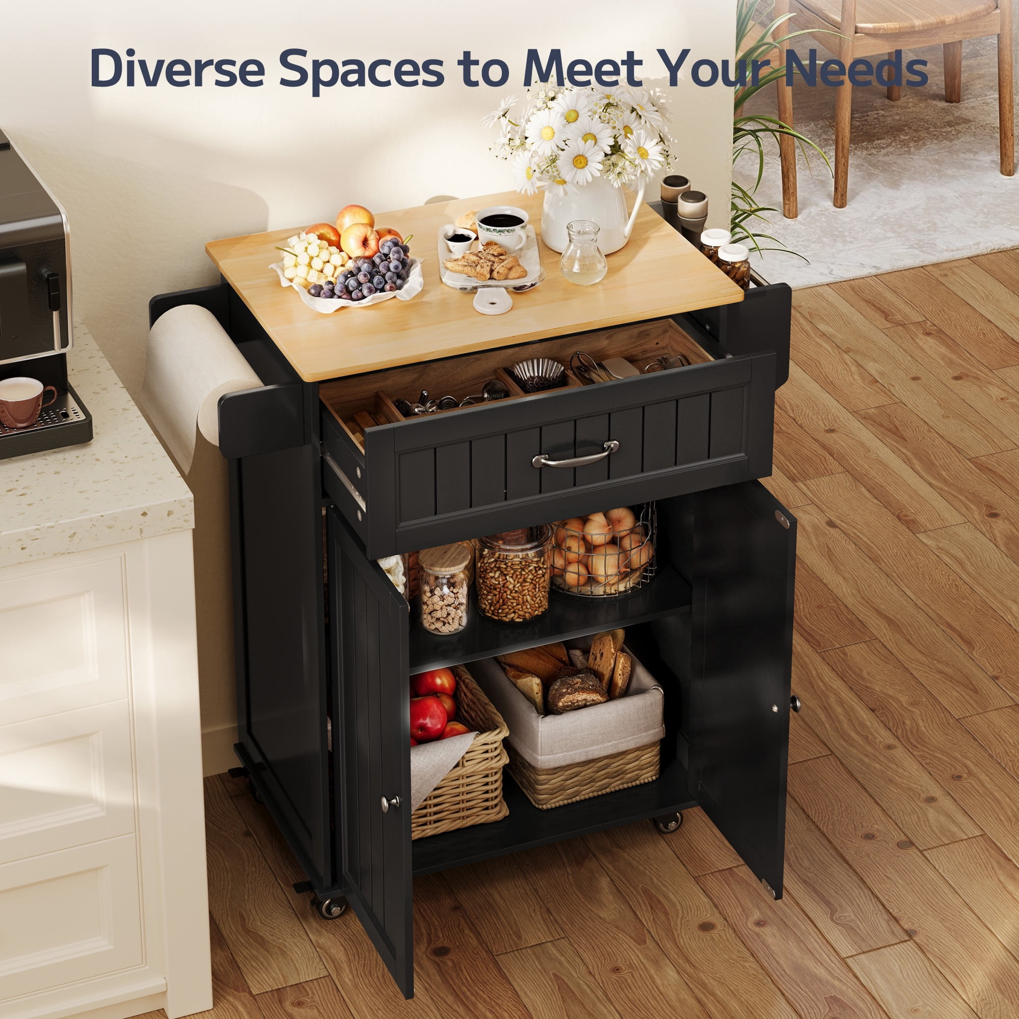 Asofer 33.6" Kitchen Island Cart with Storage, Adjustable Shelf & Drawer, for Dining Room, Black