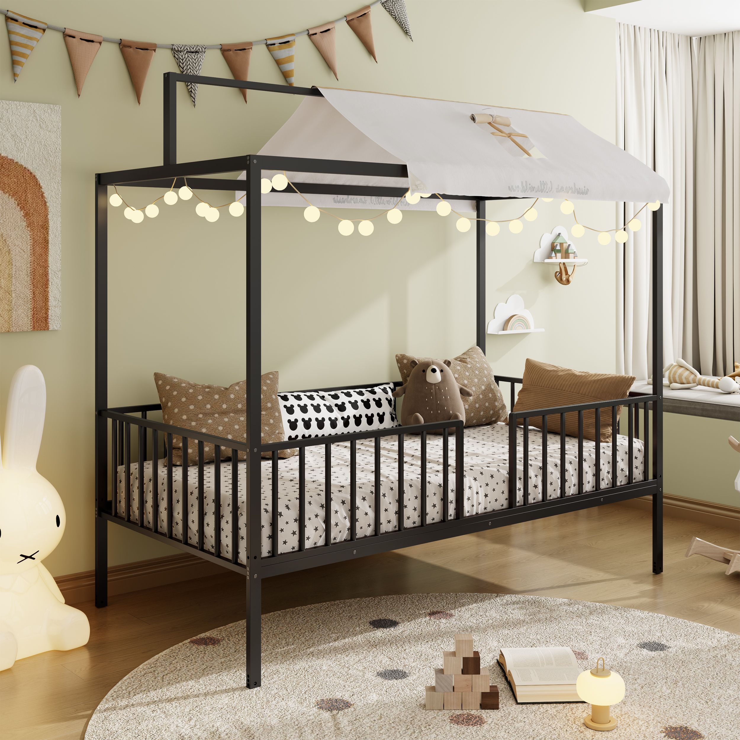 Euroco 3-in-1 Convertible Montessori Metal Bed, Toddler Bed, Floor Bed, Platform Bed,Modern Minimalist Design Canopy Bed Flame, Easy Assembly, Twin Size, Black
