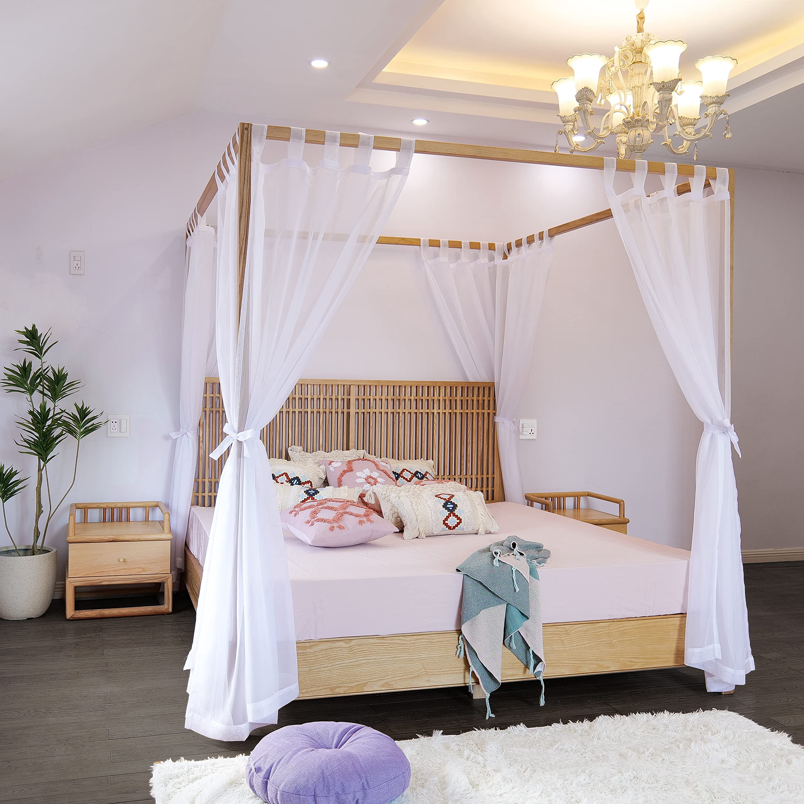 Sheer Bed Curtains For King  Queen Full And 4 Corner Canopies & Drapes Four Poster Beds White