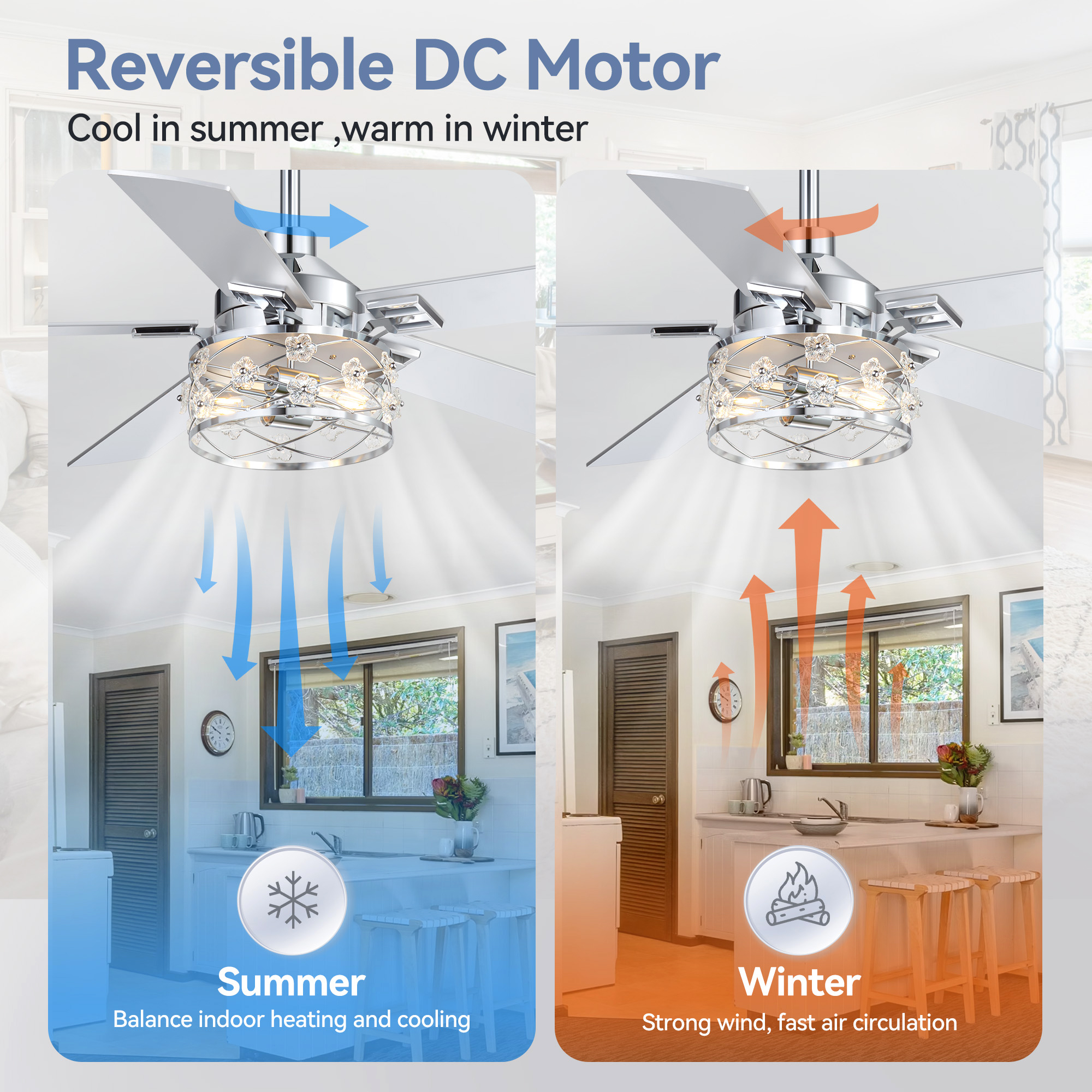 ALKAFY 52 inch Chrome Ceiling Fan with Lights - 5 Dual-Sided Blades, 6 Speeds, Remote, for Bedroom & Living Room