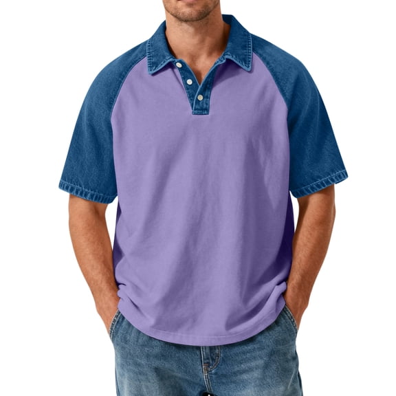 GrmtClth Mens Polo Shirts Trendy Casual Patchwork Denim Tops Contrast Collared Golf Shirt Half Sleeve Comfy Workout Baseball Tee Light Purple S