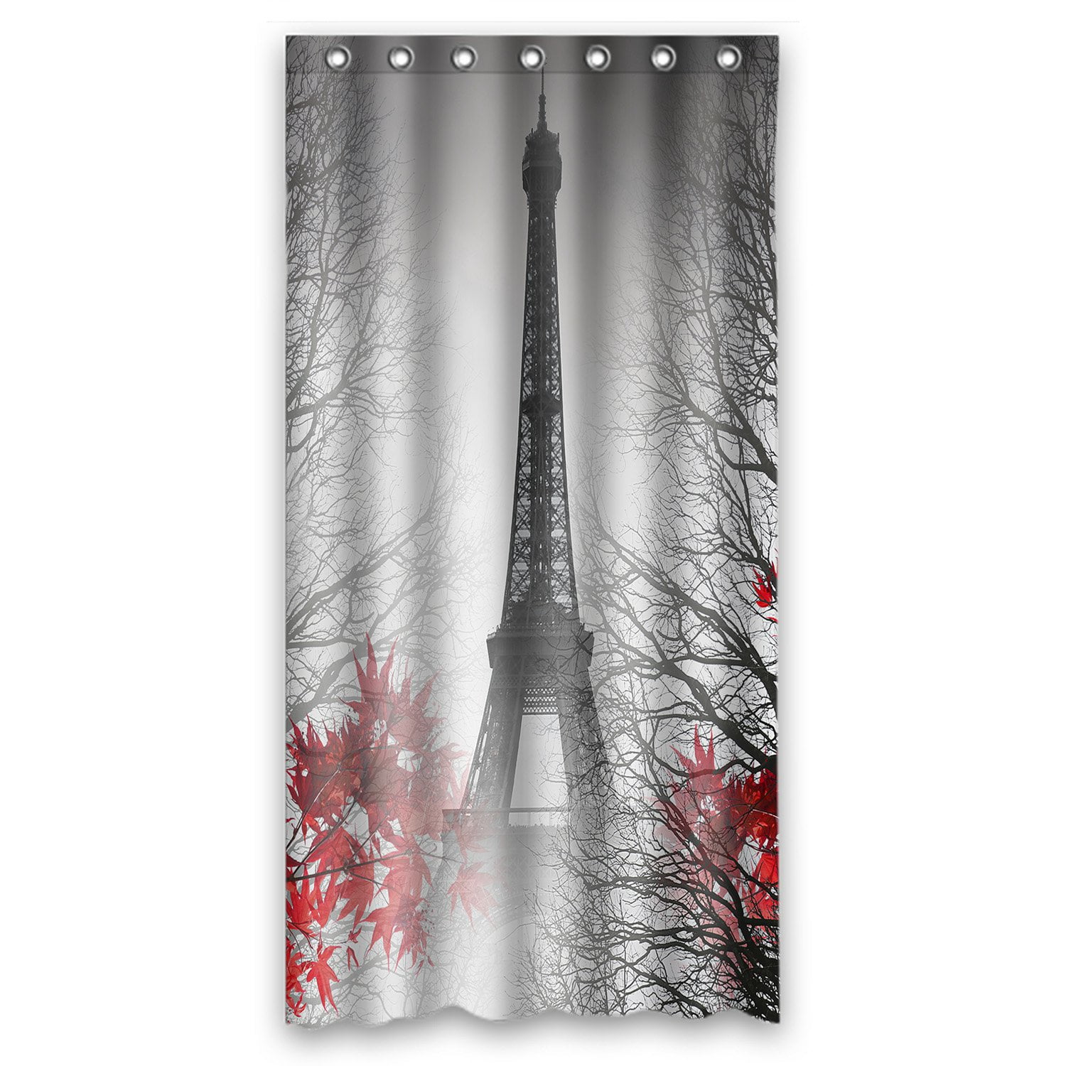 PHFZK Cityscape Shower Curtain, Eiffel Tower in Paris and Red Tree