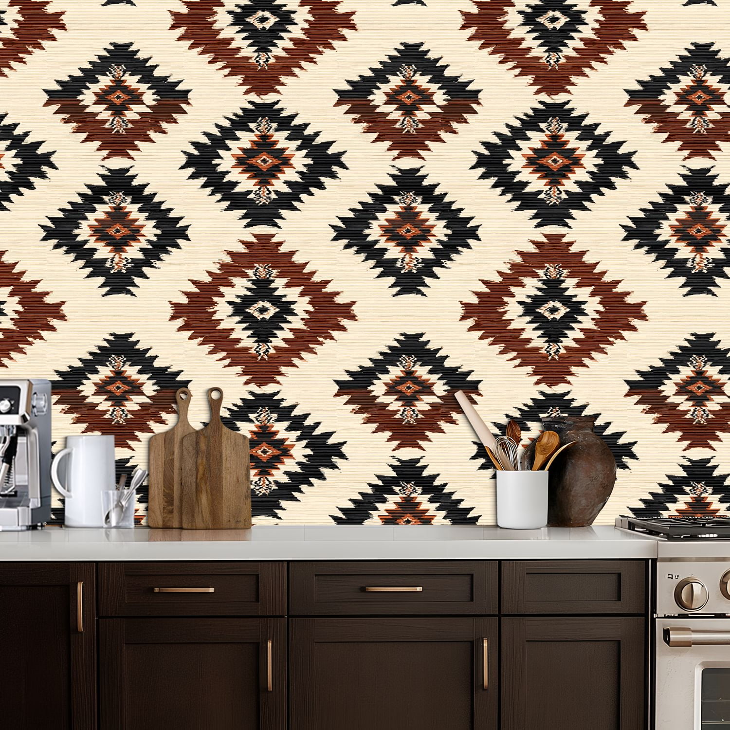Aztec Peel and Stick Wallpaper Geometric Diamond Earthy Tones Vintage Texture Wall Mural 17.7in x 9.8ft Self Adhesive Removable Wall Paper Renter Friendly Wallpaper for Nursery Bedroom Cabinets