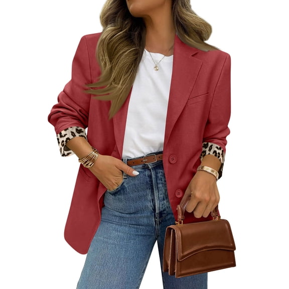 Women’s Long Sleeve Lapel Blazer with Leopard Print Cuffs Single Breasted Button Closure Classic Fit Jacket for Office or Casual Wear Red XL