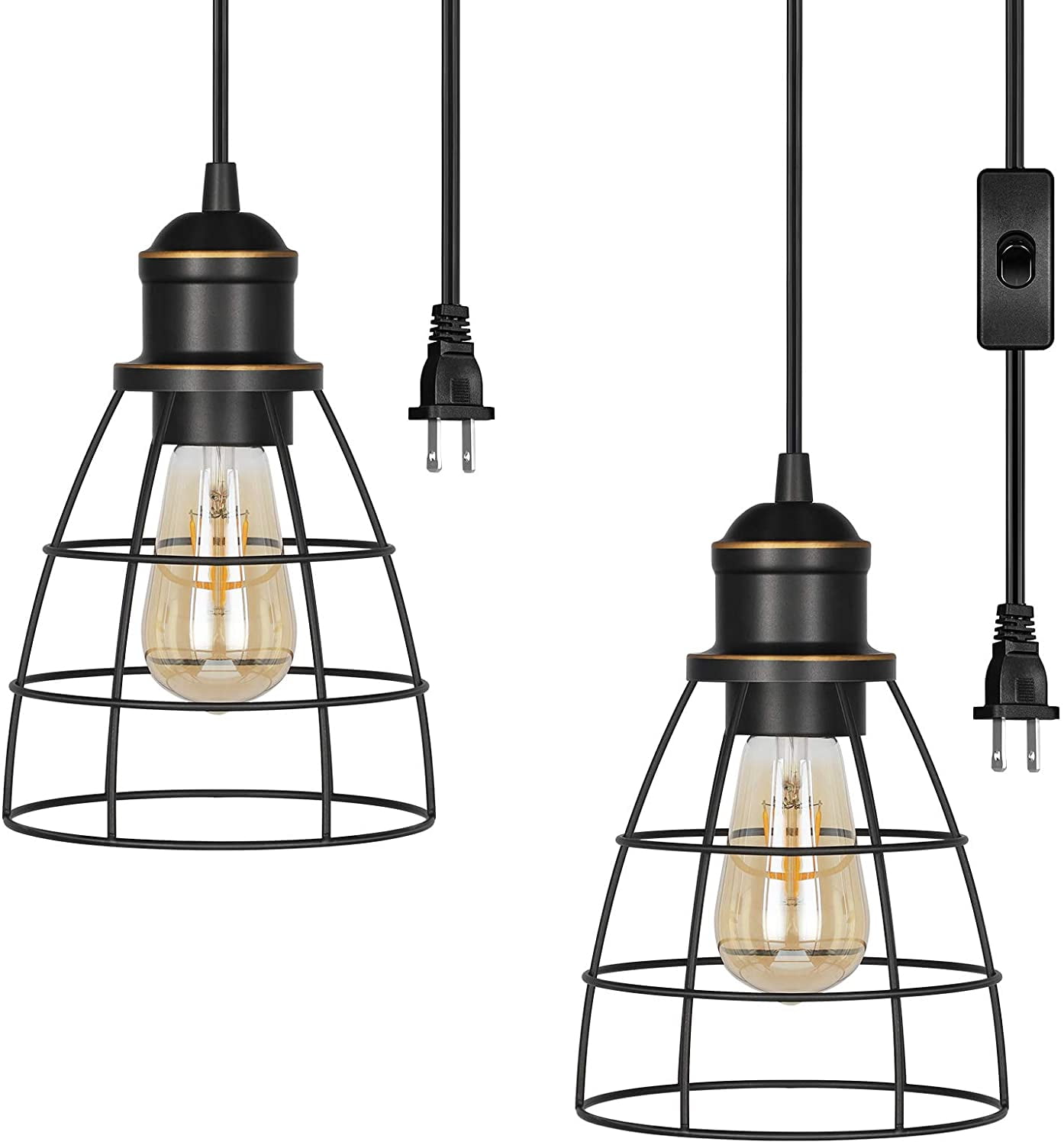 DEWENWILS 2-Pack Pendant Light Plug in with 15ft Cord, Industrial Metal Black Hanging Lighting for Kitchen Island