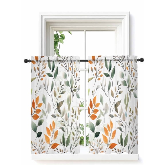 Green Orange Eucalyptus Curtains 45 Inch Length,Sheer Curtains for Bedroom Living Room Window Summer Watercolor Botanical Leaf Rod Pocket Drapes Kitchen Curtains Small Half Window 42"x45" 2 Panels