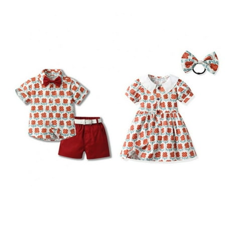 

ESHOO 3M-5T Toddler Baby Boys Girls Brother and Sister Matching Outfits Set Casual Short Sleeve Dresses + Headband
