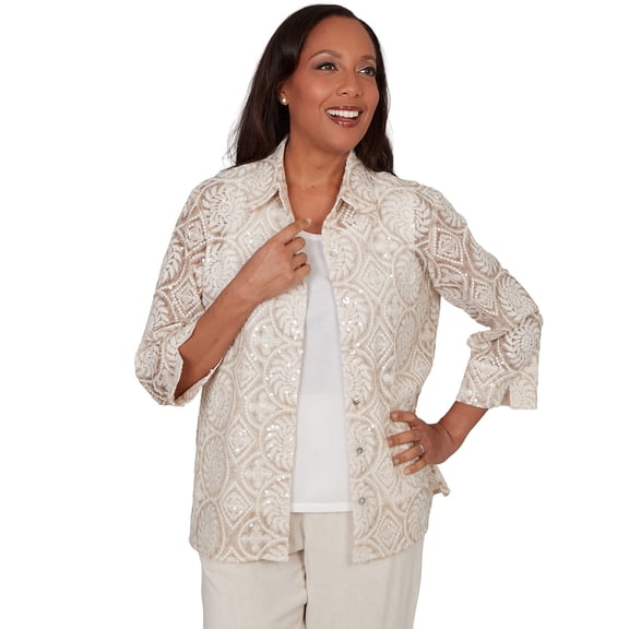 Alfred Dunner Womens Sequin Medallion Two In One Top