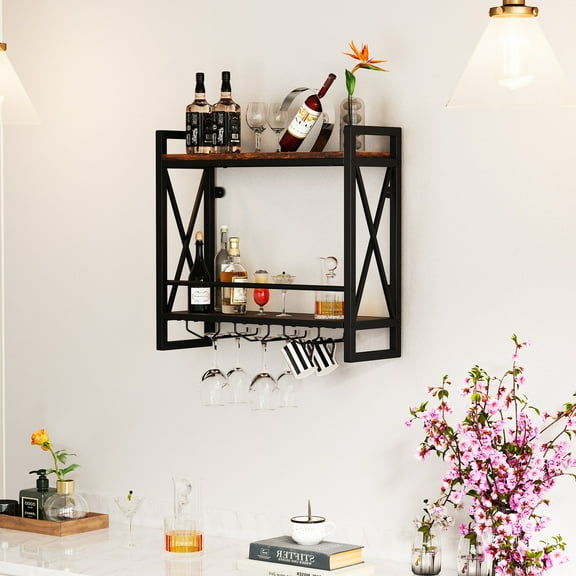 Giantex Metal Hanging Wine Bottle Glass Rack, Wall Mounted Wine Floating Shelves