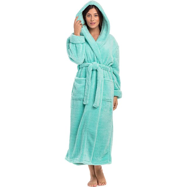 Women's Plush Fleece Robe with Hood, Long Warm Solid Bathrobe