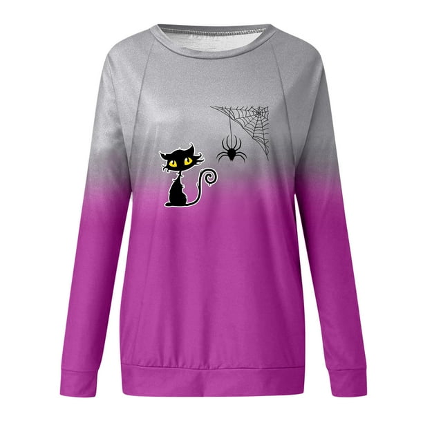 Sudadera de cuello redondo de Color degradado con estampado de araña y gato divertido de Halloween para mujer, Top de manga larga Fridja fjkfkj711