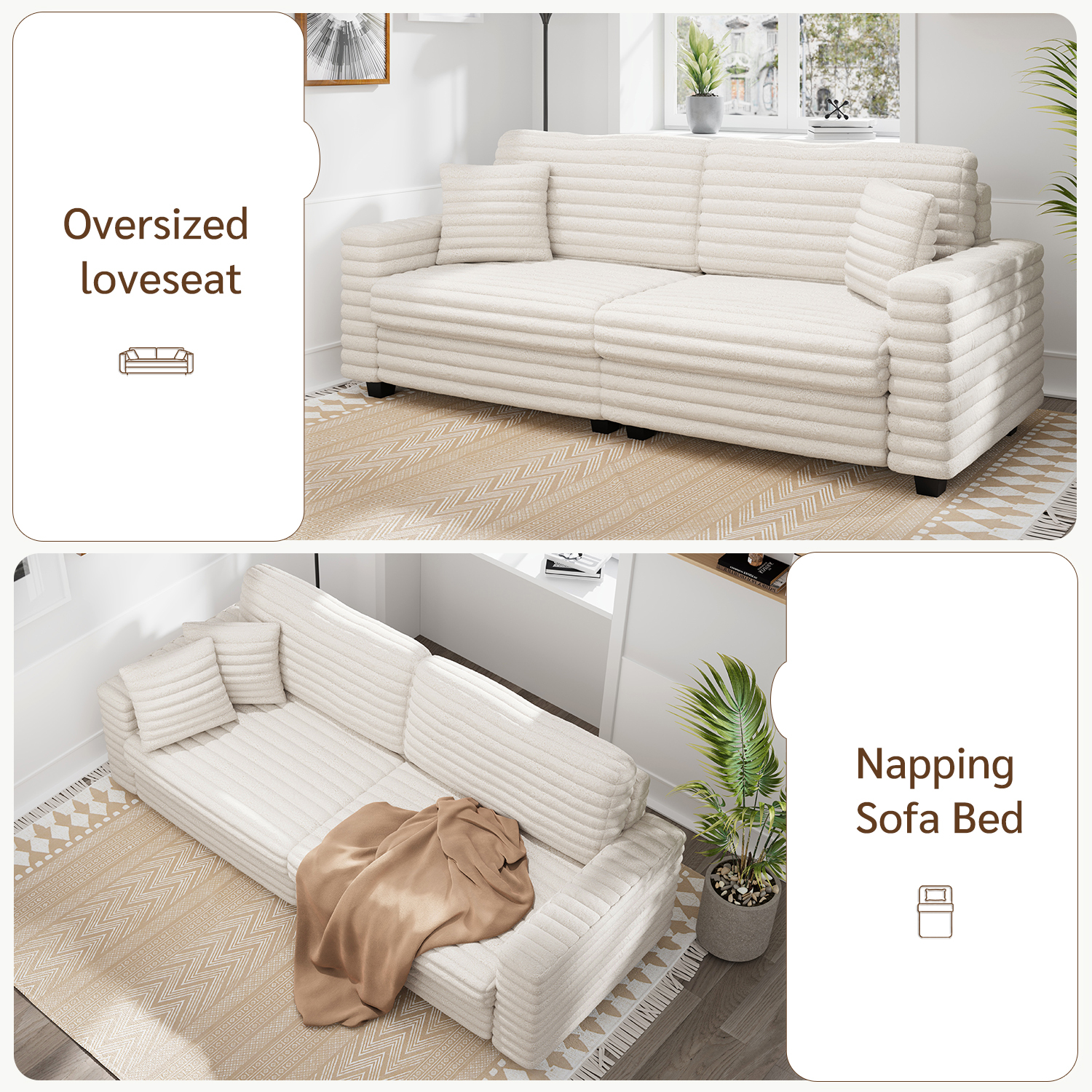 Marrber 79” Oversized Plush Corduroy Loveseat Cloud Sofa, Comfy Extra Deep Seat with Two Pillows and Wide Armrests for Living Room, Apartment, Sturdy, Beige