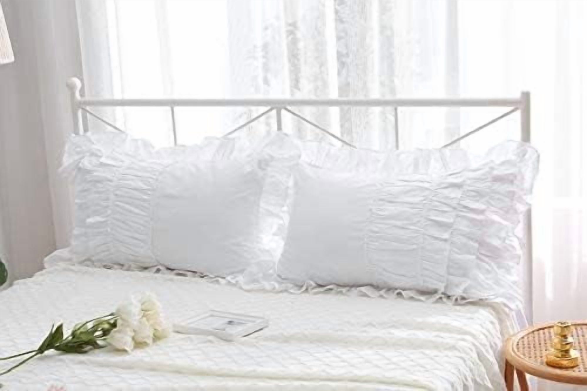 White Shabby Chic Pillow Shams Pillowcases with Ruffles Queen Size Cotton Pillow Covers 20"X30" 2pcs French Country Boudoir Luxury Princess