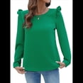 thumbnail image 1 of Blusas de Mujer de Larga con Hombros Descubiertos y Volantes, Cuello Redondo, Ligeras, de Punto Acanalado, Otoño de 2025. Verde M, 1 of 10