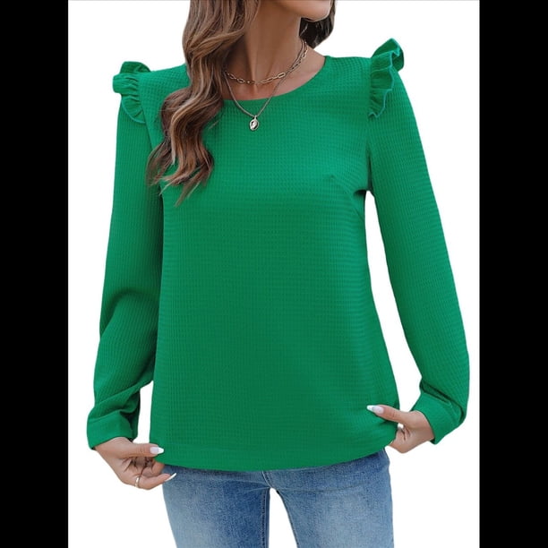 Blusas de Mujer de Larga con Hombros Descubiertos y Volantes, Cuello Redondo, Ligeras, de Punto Acanalado, Otoño de 2025. Verde XL