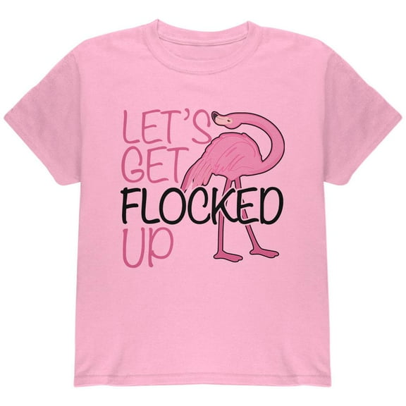 Flamingo Let's get Flocked Up Funny Pun Youth T Shirt Light Pink YXL