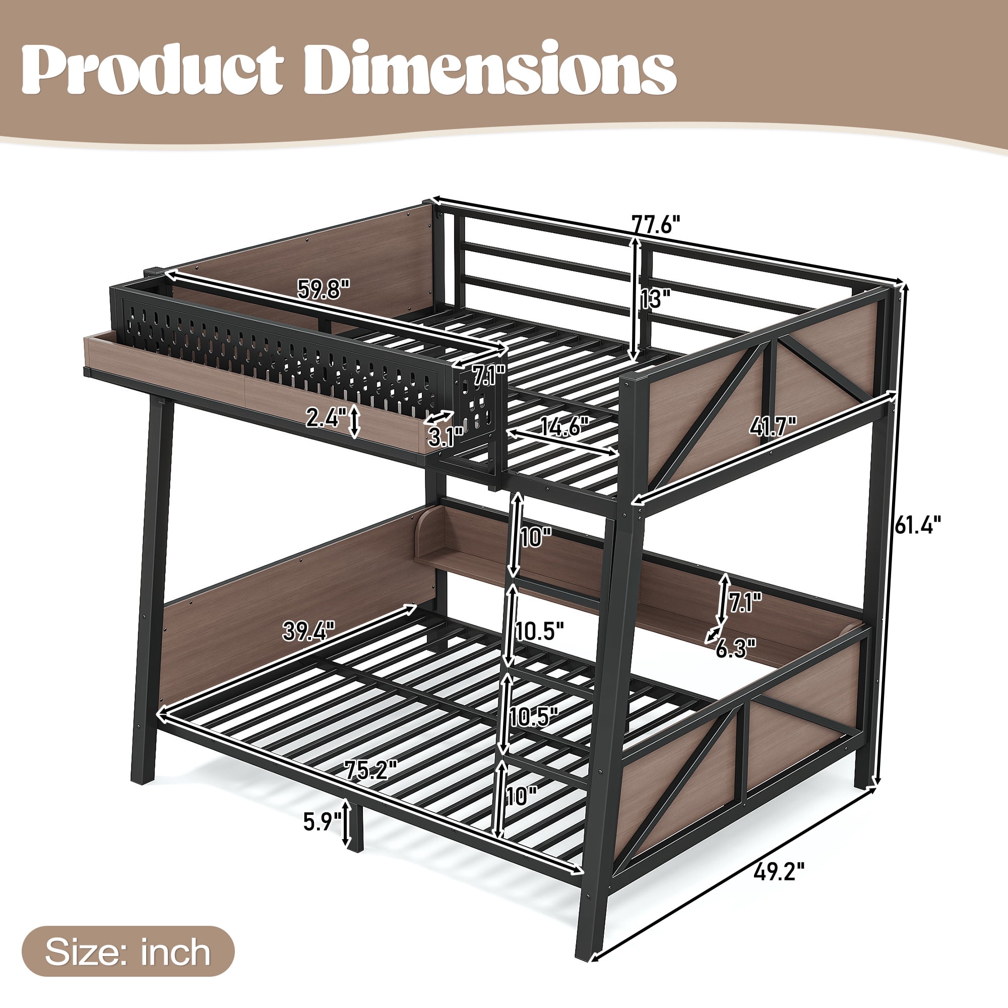 HOQBN Bunk Bed Twin Size with Storage Shelves,Metal Bunk Bed Frame with LED Light and USB Ports,Black