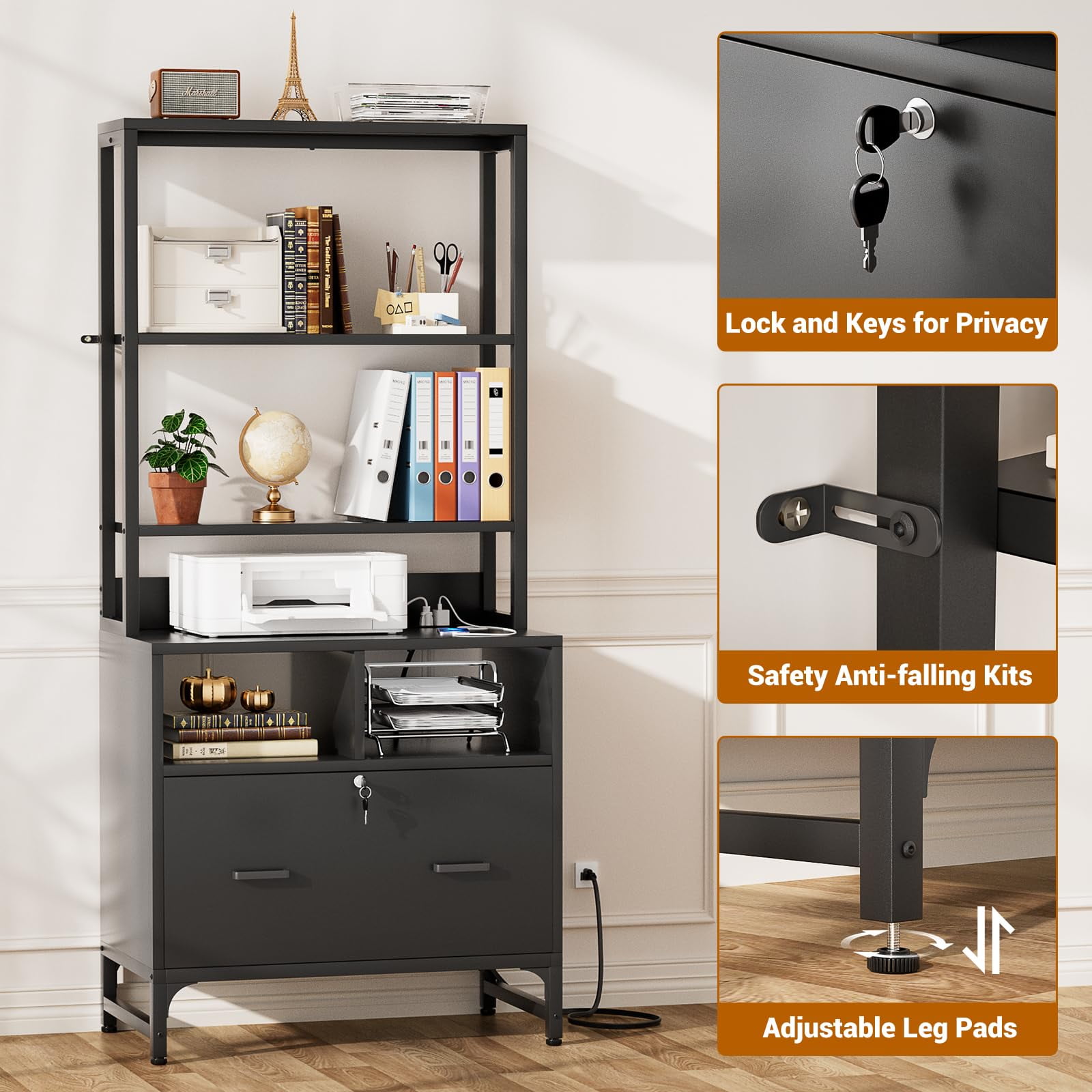 Homieasy File Cabinet with Charging Station, Lockable Vertical Filing Cabinet, Printer Stand with Large Drawer and Storage Shelves, Office Storage for Letter/A4/Legal Size, Black