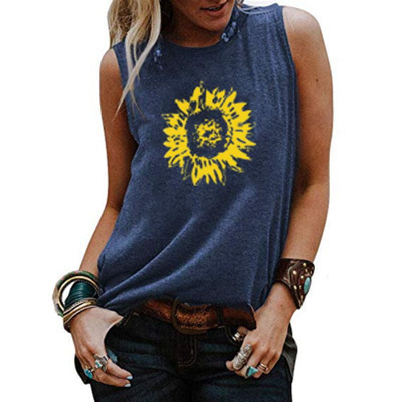 Women's Sunflower Pattern Printed Loose Round Neck Sleeveless T-shirt ...