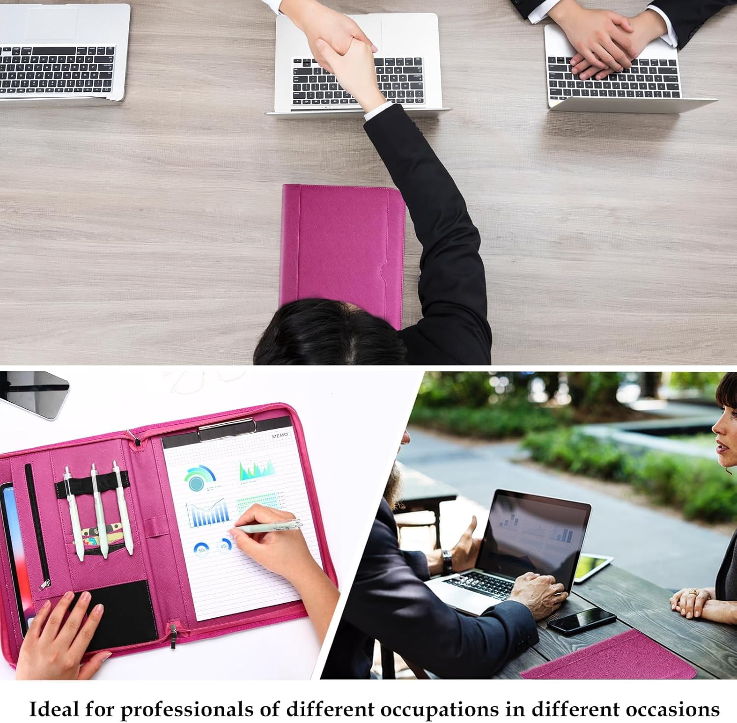 ProCase Portfolio Business Padfolio Folder with Zipper, Document Organizer with Pockets Letter Size A4 Writing Pad Padfolio -Magenta