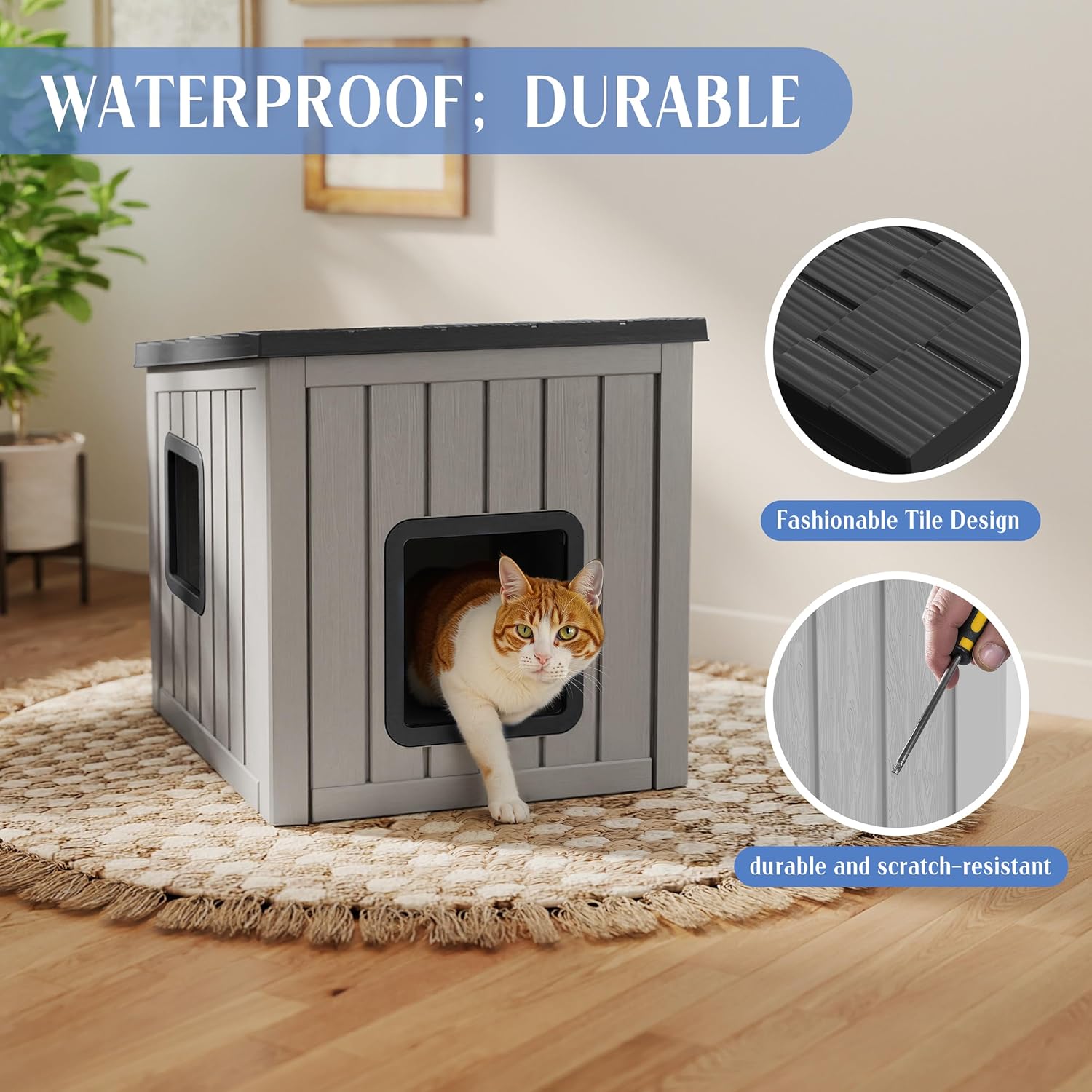 Cat House Outdoor Waterproof,Resin Cat Shelter Feral,Easy to Clean Durable Slanted Top,Cat Bed for Cats and Easy to Assemble (Black, 24.65 * 21.5 * 22.21in)