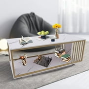 Miumaeov Marble Coffee Table Modern Living Room Table with Gold Metal Frame and Storage Shelf, 2 Tier Living Room Center Table for Home Furniture Office Decor