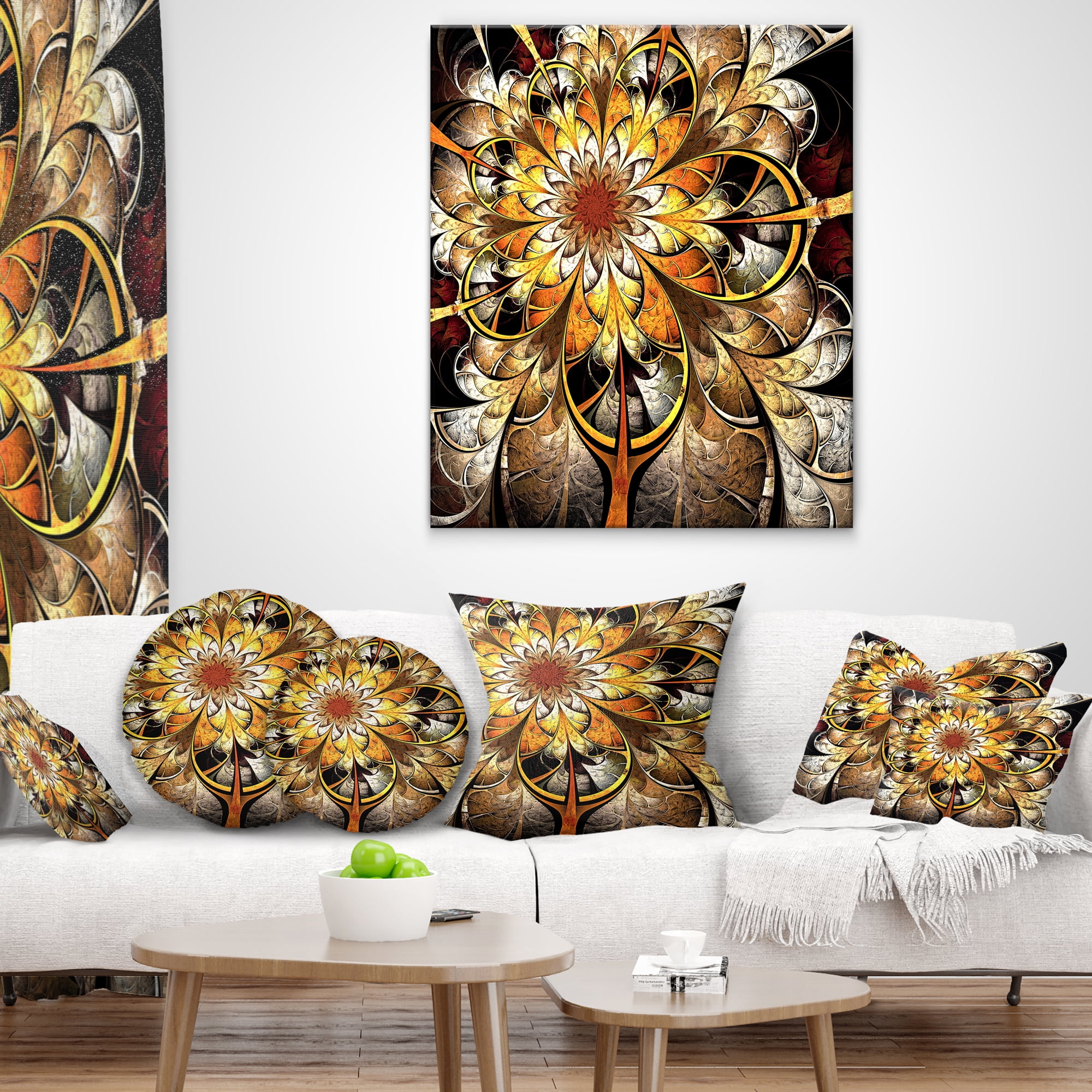 Designart Fractal Flower Dark Yellow - Floral Throw Pillow - 18x18