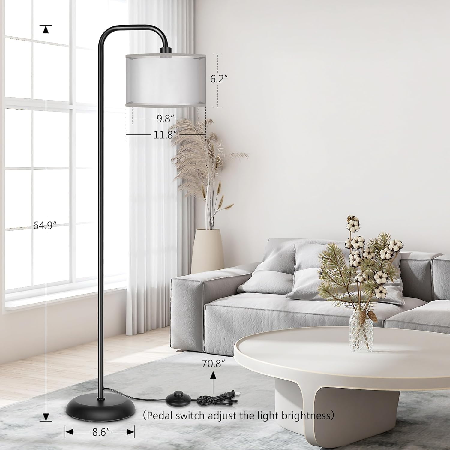 PARTPHONER LED Floor Lamp for Living Room, Modern Standing Lamp with Foot Switch Grey Organza Fabric Shade Tall Pole Reading Lamp for Bedroom Study Room Office, 9W Bulb Included
