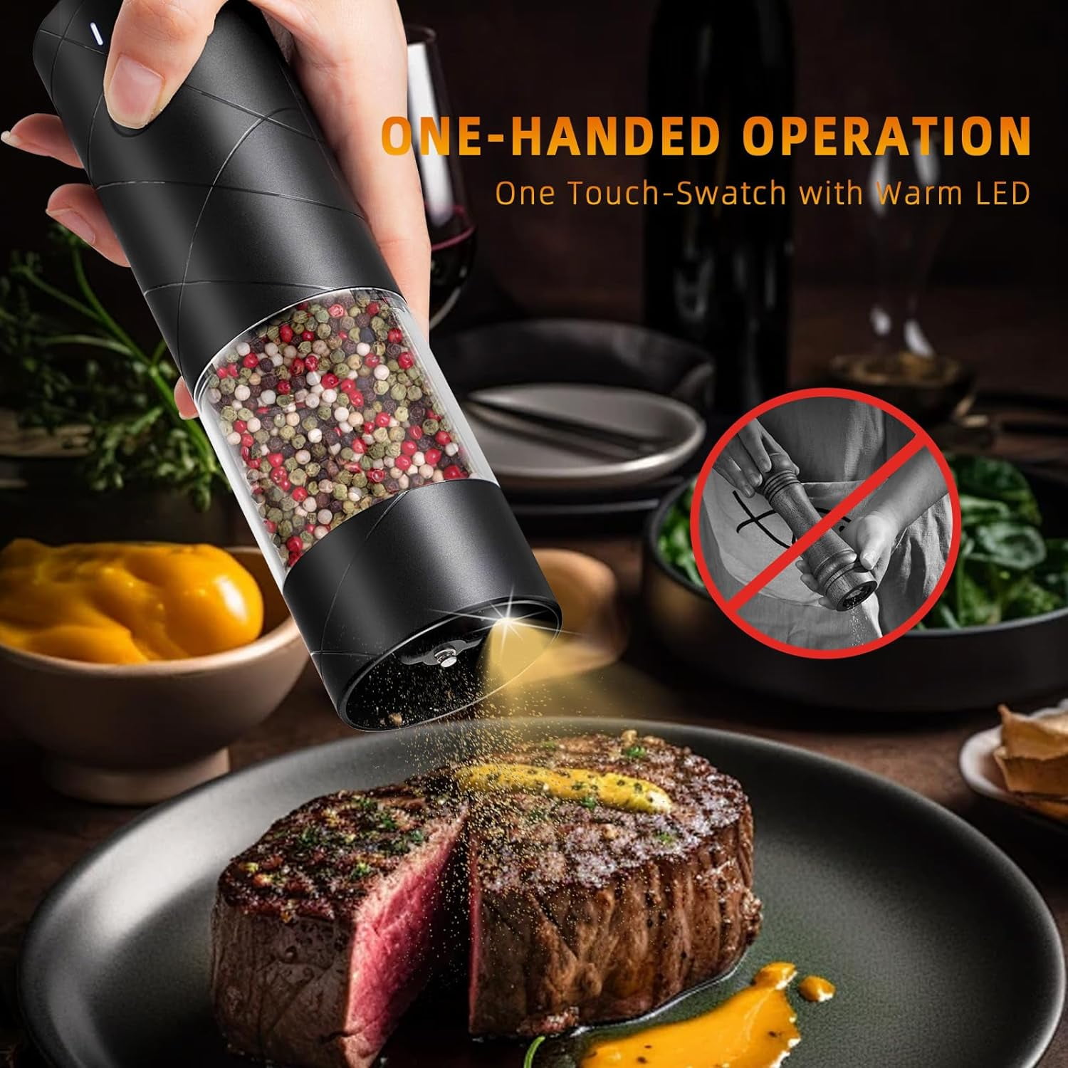 2 Pack Electric Salt and Pepper Grinder Set, Haomacro USB Rechargeable Pepper Grinder Mill with LED Light, Adjustable Coarseness Large Capacity Automatic Pepper Mills Salt Grinders for Kitchen