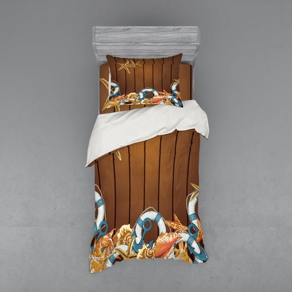 Ambesonne Nautical Bedding Set 3 Pcs, Seashell Anchor Wooden, Twin, Brown Blue White
