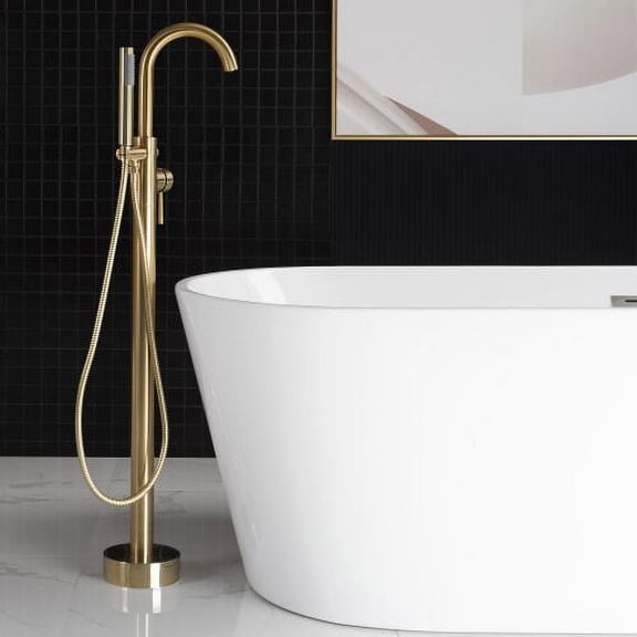 Woodbridge Contemporary Single Handle Floor Mount Freestanding Tub Filler Faucet with Hand shower in Brushed Gold Finish