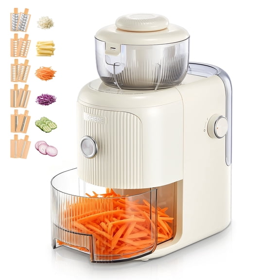 FOHERE 6-in-1 Electric Cheese Grater, Vegetable Shredder with 6 Stainless Blades, Salad Maker with One-Touch Control for Cheese, Vegetables and Fruits