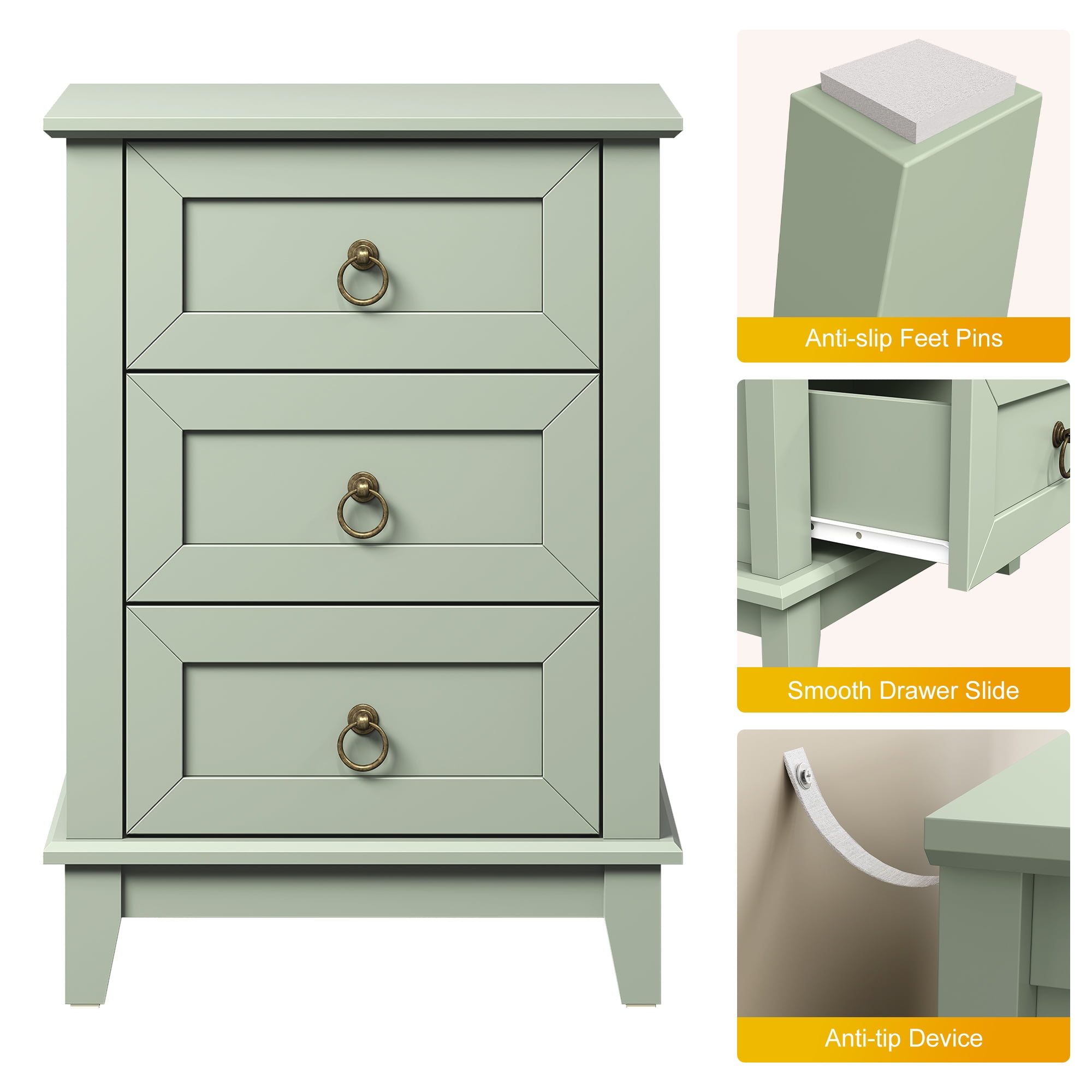 CozyHome Green Slim Night Stand: 3-Drawer Tall Wood Dresser, Space-Saving Bedside Table for Small Rooms, Bedroom, Nursery, or Dorm