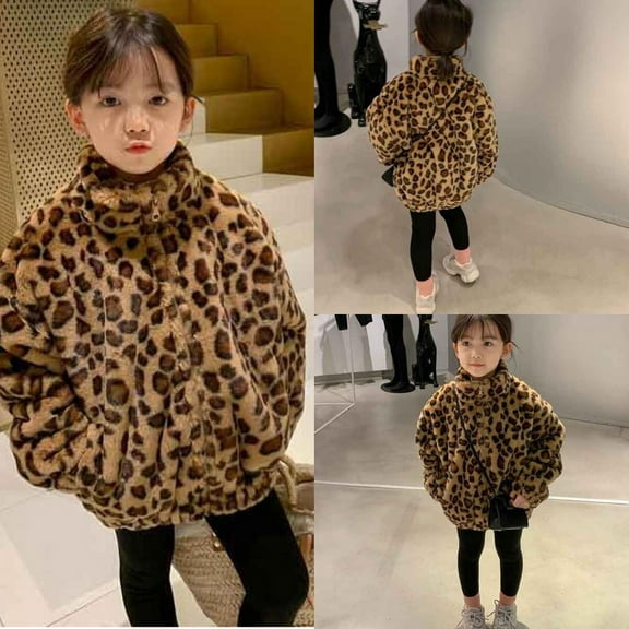 XQYLOS Children’s Leopard Print Thick Coat Autumn Winter Girls Plush Warm Top, 3-8 Years Old Cozy Outerwear, Fuzzy Insulated Jacket for Cold Days