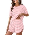 thumbnail image 2 of Miluxas Two Piece Stripe Pajamas Set Women Nightwear Short Sleeve Sleepwear Soft Side Split Loungewear Pjs Sets Pink, 2 of 9