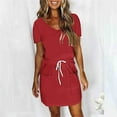 thumbnail image 2 of yillto Mini Dress for Women Casual V Neck Dresses with Pockets Trendy Short Sleeve Drawstring Dresses, 2 of 5
