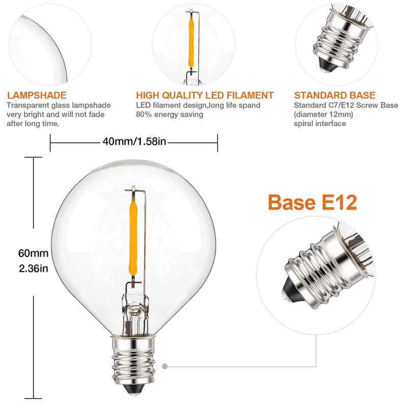 G40 LED Light Bulbs 1W E12 Base, 2200K Ultra Warm Yellow, Dimmable LED Globe Bulb for Vintage Lamps & Decorative Fixtures, 25Pack