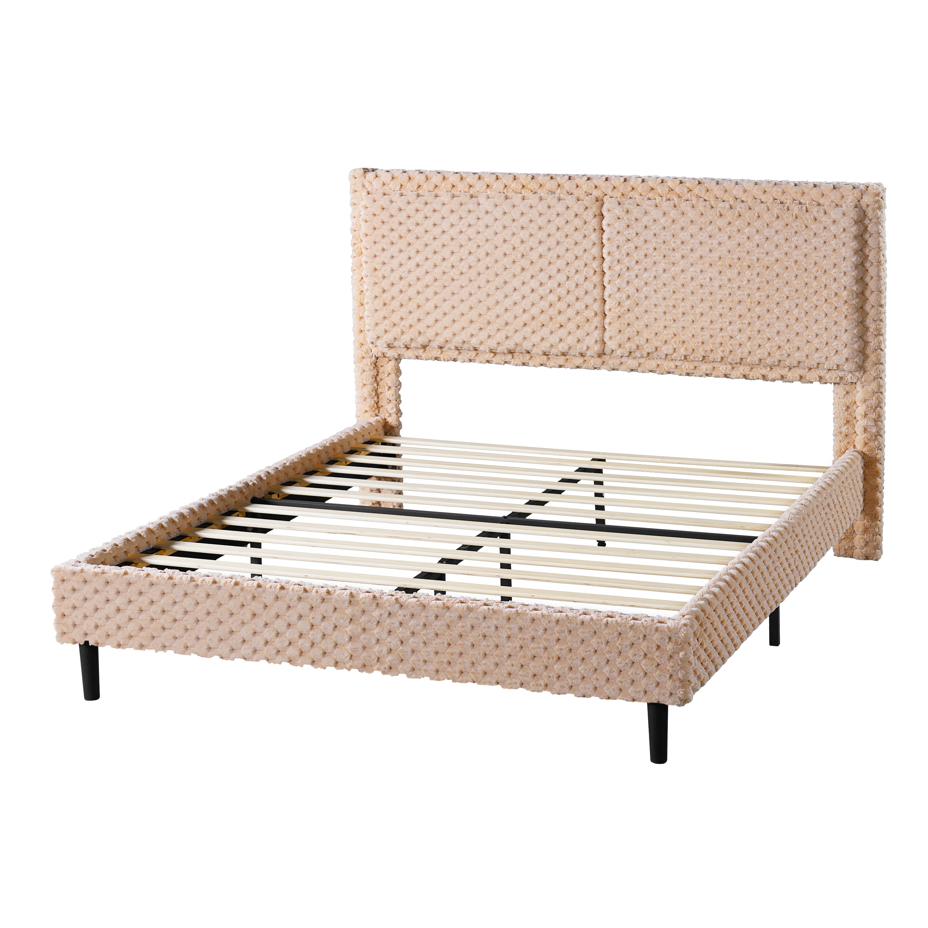 Mintazer Queen Size Upholstered Platform Bed Frame with Wingback Headboard, Textured Plush Fabric Bed with Metal Support, No Box Spring Needed, Camel