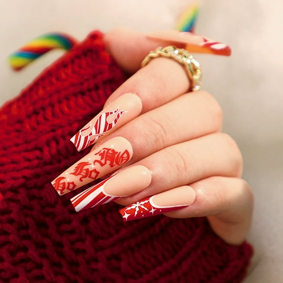 24pcs Flame Striped and Snowflake Christmas Wearable False Nails - Long - style French Christmas Nail Art, Nail Stickers