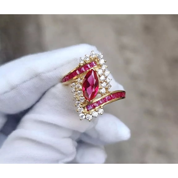 Sparkle Jewels Women's Marquise Cut Ruby Women's Cocktail Engagement Ring 14K Yellow Gold Plated
